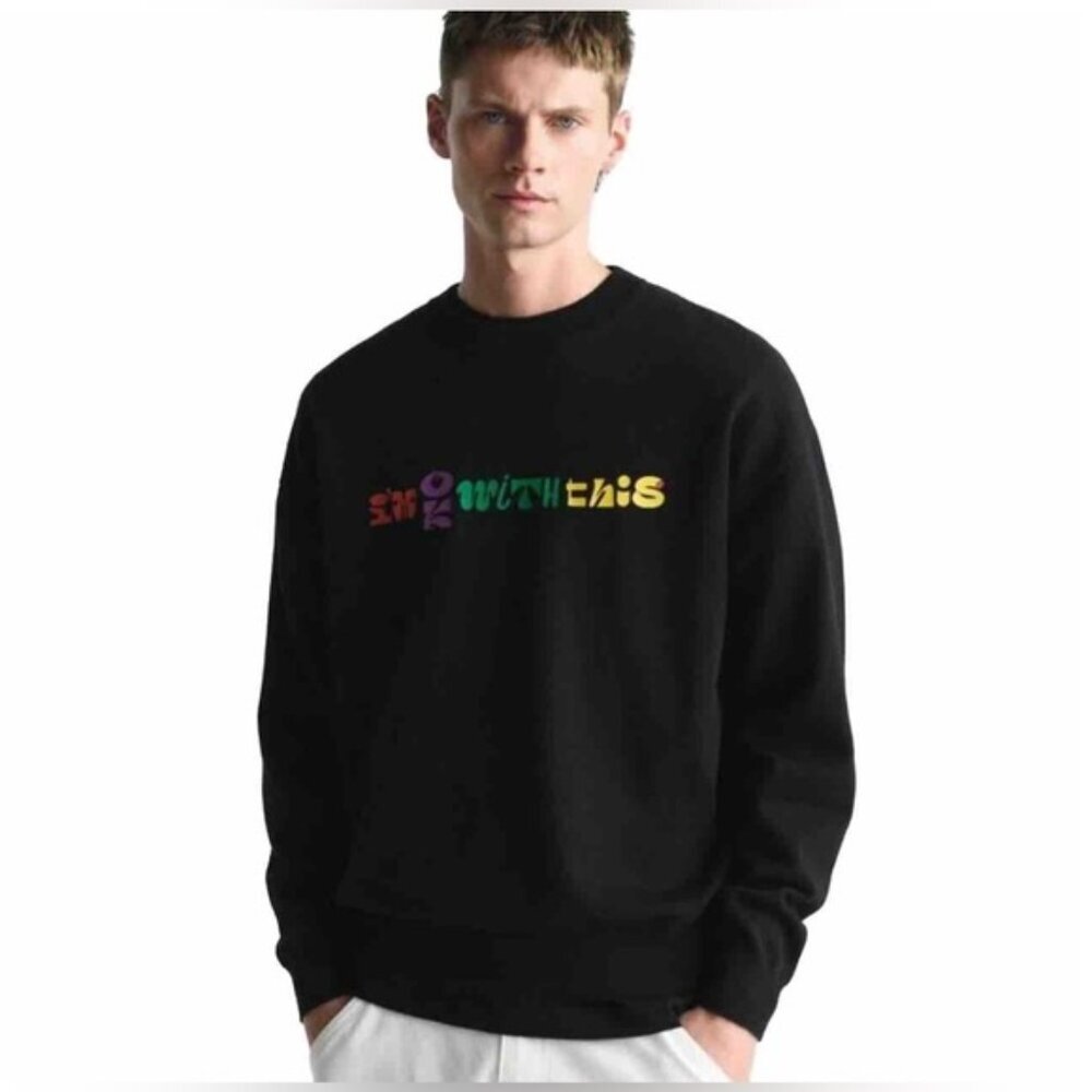 NWT ZARA “I’M OK WITH THIS” Text Print Black‎ Crew Neck Knit Pullover Sweater M
